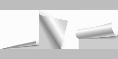 Kağıt sayfa köşeleri ve kıvrık kıvrımlı vektör illüstrasyonunu çıkartma dönüş taklaları ve gerçekçi gölge ile, beyaz boş yaprak kabuğu kenarları modeller, notlar veya posterler için tasarım öğesi içerir.