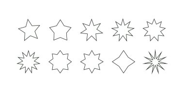 Yıldız çizgisi simgeleri ayarlandı. Dekoratif yıldız elementleri. Fantezi karalama yıldızları, çizgi sanat yıldızları, sihirli yıldız şekilleri, logo yıldızları, tebrik kartı ikonları