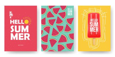 Hello summer creative banners and posters template with tropical fruit design, watermelon, sun, ice cream, stylish shirt print layouts, seasonal advertising, celebration, and modern promotion