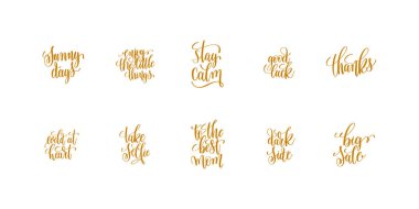 Set with motivational quotes featuring handwritten inspirational phrases, happiness and positive message banners, elegant calligraphy typography designs, decorative creative artwork for posters