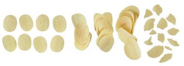 Beyaz bir arka planda izole patates cips. Koleksiyon.