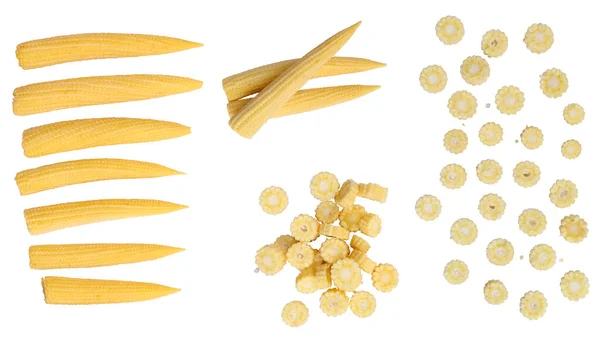 Uppsättning Färska Hela Och Skivade Baby Corn Isolerad Vit Bakgr — Stockfoto