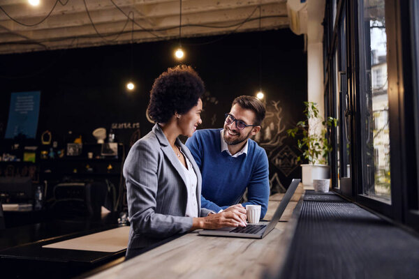 Businessman Talking Businesswoman Working Friendly Cafe Stock Picture