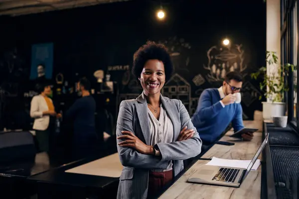 Portrait Confident Multicultural Businesswoman Standing Office Smiling Camera Stock Image