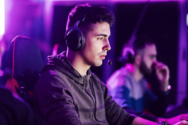 Focused Gamer Playing Video Games Gaming Room Royalty Free Stock Photos