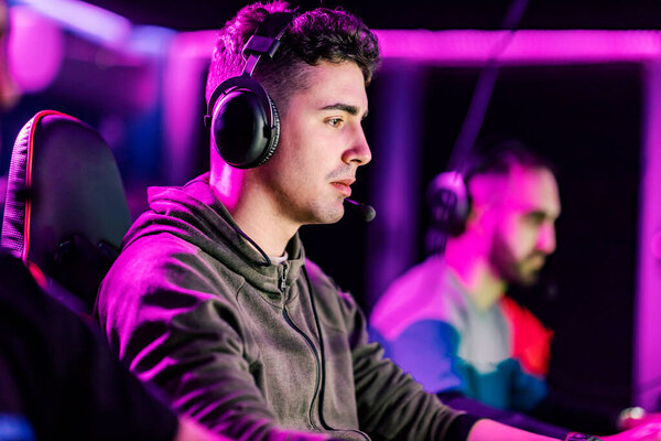 Serious Gamer Finishing Mission Game Gaming Room Stock Image