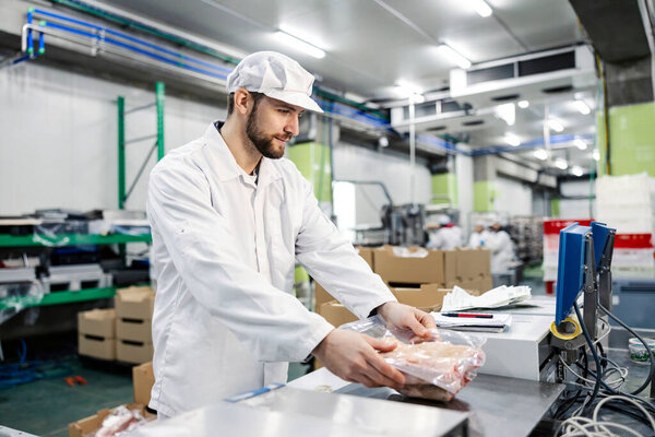 Food Industry Worker Measures Meat Scale Stock Image