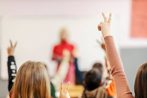Raised Arm Schoolgirl Who Knows Answer Stock Photo