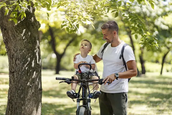 Озадаченный Сын Смотрящий Дерево Сидящий Велосипеде Пока Отец Объясняет Ему — стоковое фото
