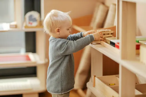 Toddler Playing Educational Games Montessori Kindergarten — Stock Photo, Image