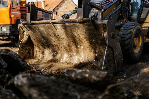 Selective Focus Excavator Part Digging Asphalt Construction Site — Stock Photo, Image