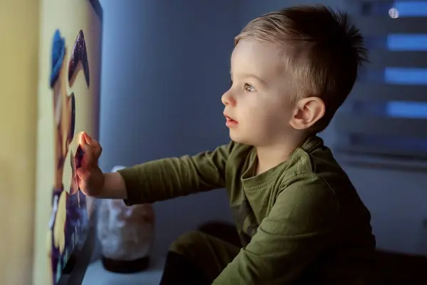 Children Addiction Television Cartoons Boy Touches Screen Close Shot Kid — Stock Photo, Image
