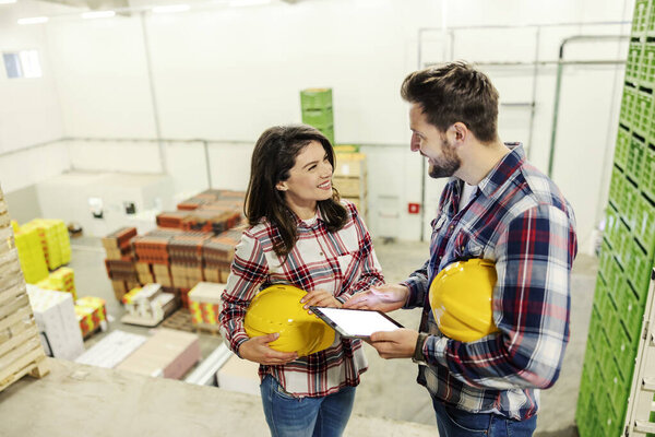 Food Factory Supervisors Having Dialogue Export Merchandise Stock Photo