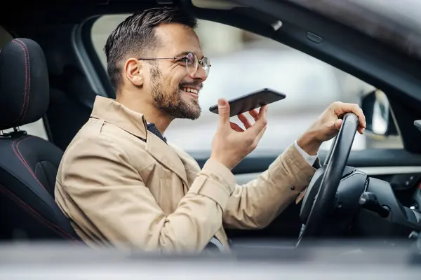 Busy Young Smart Casual Man Driving His Car Using His — Stock Photo, Image