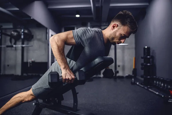 Exercises for arms and triceps. Functional weight loss training for a slim and fit body. An athlete focused on training leaning on a sports bench in the gym and lifts dumbbells. Fitness lifestyle