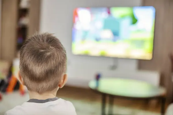 リビングルームで自宅でテレビを見ている小さな男の子の姿 少年たちの日々の活動 ロイヤリティフリーのストック画像