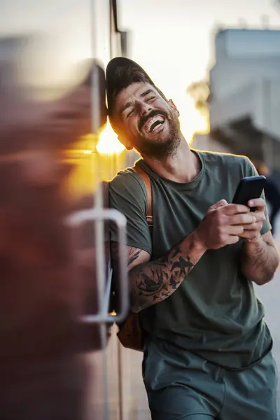 Man Phone Laughing While Leaning Wall City Street — Stock Photo, Image