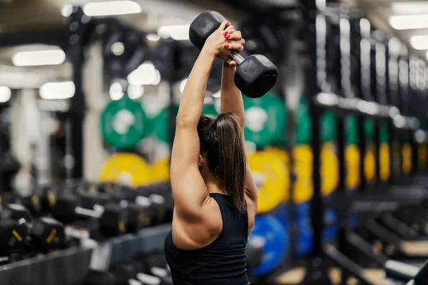 Rear View Strong Muscular Sportswoman Shape Exercising Gym Dumbbell — Stock Photo, Image