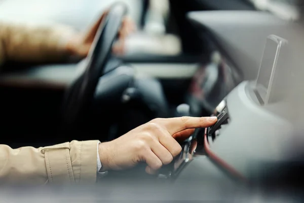 Cropped Picture Hand Pushing Button Dashboard Car — Stock Photo, Image