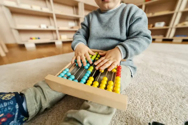 Hands Kindergartener Playing Colorful Abacus Montessori Kindergarten — Stock Photo, Image