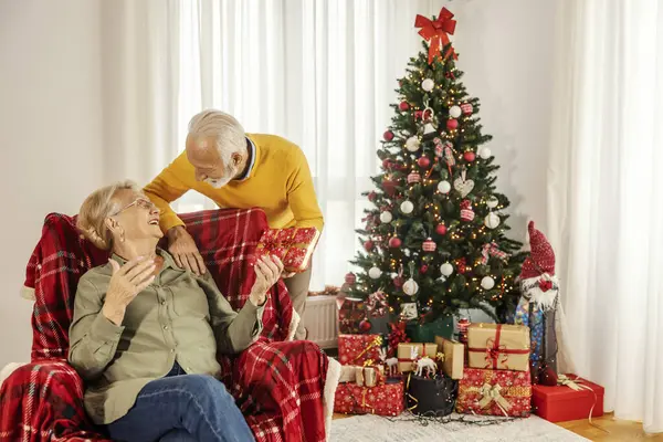 A senior man is giving christmas present to his wife while spending new year and christmas holidays at home.