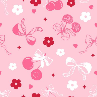 Kusursuz desenli şirin kırmızı kirazlı ve renk arkaplanda şirin bir kurdele. Vektör illüstrasyonu.