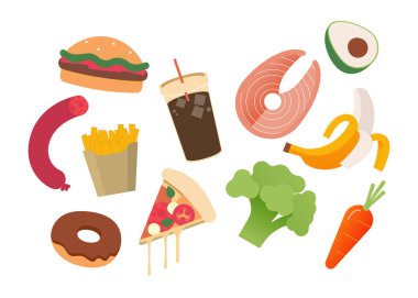 Sağlıklı ve fast food web sitesi afişi. Hamburger, patates kızartması, donut, sosis, pizza, soda, somon, brokoli, havuç, muz, avokado. Modern vektör düz çizim. Sosyal medya reklamları.