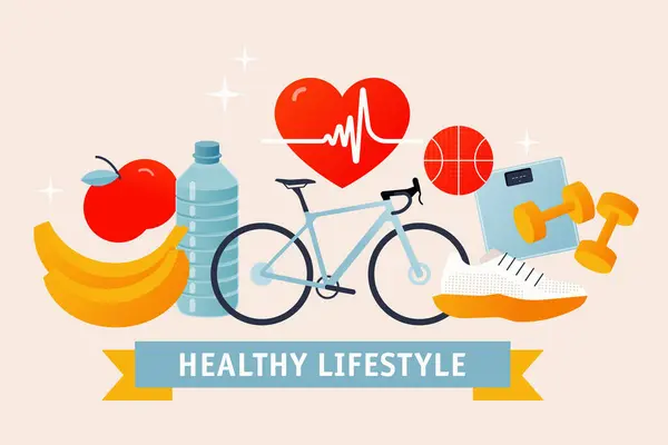 Healthy Lifestyle Concept Website Banner Sports Ball Scale Water Bottle — Stock Vector