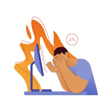 Profesyonel tükenme sendromu. Stres altındaki adam, mutsuz emoji, ofis masası, arka planda yangın. Hüsrana uğramış işçiler, zihinsel sorunlar. Modern vektör düz resimleme