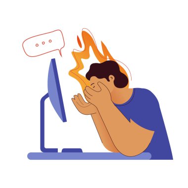 Profesyonel tükenme sendromu. Stres altındaki adam, ofis masası, konuşma balonu, arka planda yangın. Hüsrana uğramış işçiler, zihinsel sorunlar. Modern vektör düz resimleme