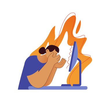 Profesyonel tükenme sendromu. Baskı altındaki kadın, ofis masası, arka planda yangın. Hüsrana uğramış işçiler, zihinsel sorunlar. Modern vektör düz resimleme