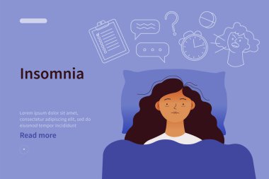 Genç kadın uykusuzluktan muzdarip. Web sitesi konsepti. Zihinsel sorunlar. Yatakta yatan, teslim tarihlerini düşünen üzgün bir kız. Rahatlayamaz. Modern vektör illüstrasyonu beyaz arkaplanda izole edildi