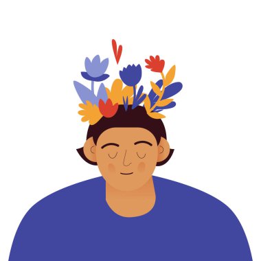 Zihinsel sağlık, mutluluk, uyum yaratıcı soyut kavram. Çiçekli mutlu erkek kafası. Farkındalık, pozitif düşünce, kişisel bakım fikri. Modern vektör illüstrasyonu