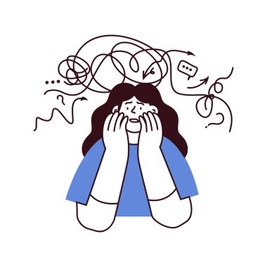 Zihinsel bozukluklar illüstrasyonu. Sinir sorunu olan hayal kırıklığına uğramış bir kadın düşüncelerin endişesini hisseder. Düşüncelerle çevrili anksiyete dokunuşu olan kadın. Siyah ve beyaz modern vektör çizimi