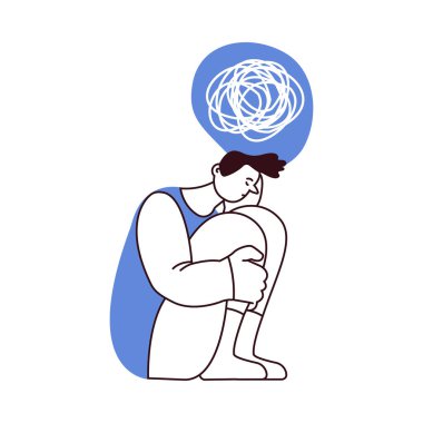 Zihinsel bozukluklar illüstrasyonu. Sinir sorunu olan hayal kırıklığına uğramış bir adam endişe ve kafa karışıklığı hisseder. Avuç içleri umutsuzca kapanır. Siyah ve beyaz modern vektör düz çizim