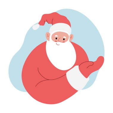 Neşeli Noel Baba 'nın modern düz vektör çizimi, jest gösteriyor, kırmızı elbiseler giyiyor.