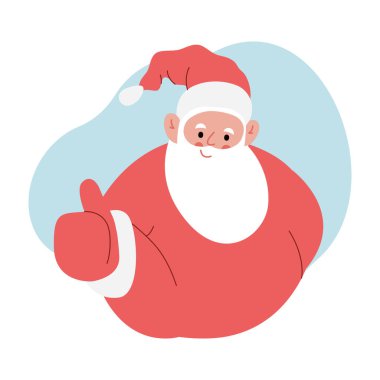 Neşeli Noel Baba 'nın modern düz vektör çizimi, baş parmak işareti, kırmızı giysiler giyiyor.