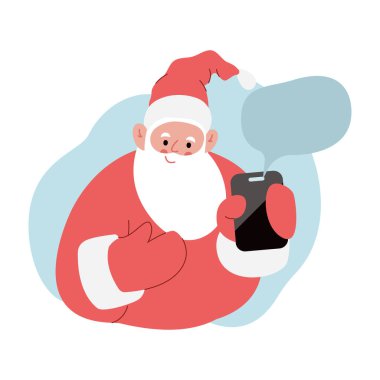 Neşeli Noel Baba 'nın modern düz vektör çizimi. Mesajlı akıllı telefonu gösteriyor, kırmızı kıyafetler giyiyor.