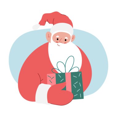 Neşeli Noel Baba 'nın modern düz çizimi, elinde hediye kutusu, kırmızı elbiseler.