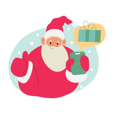 Neşeli Noel Baba 'nın modern düz vektör çizimi, içinde hediye kutusu olan akıllı telefonu gösteriyor, başparmaklarını havaya kaldırıyor, kırmızı elbiseler giyiyor.