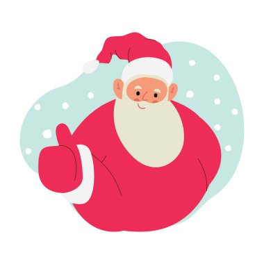 Neşeli Noel Baba 'nın modern düz vektör çizimi, baş parmak işareti, kırmızı kıyafetler, arka planda kar.