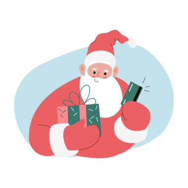 Neşeli Noel Baba 'nın modern düz vektör çizimi. Elinde hediye kutusu ve banka kartı var. Kırmızı kıyafetler giyiyor.