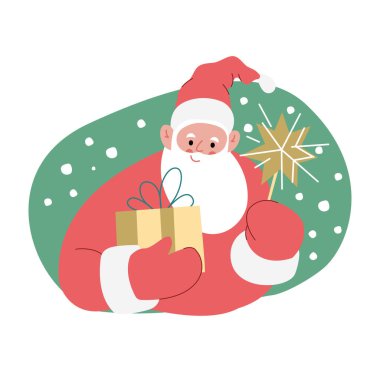 Neşeli Noel Baba 'nın modern düz vektör çizimi, elinde hediye kutusu ve havai fişek var, Xmas arka planında kırmızı kıyafetler giyiyor.