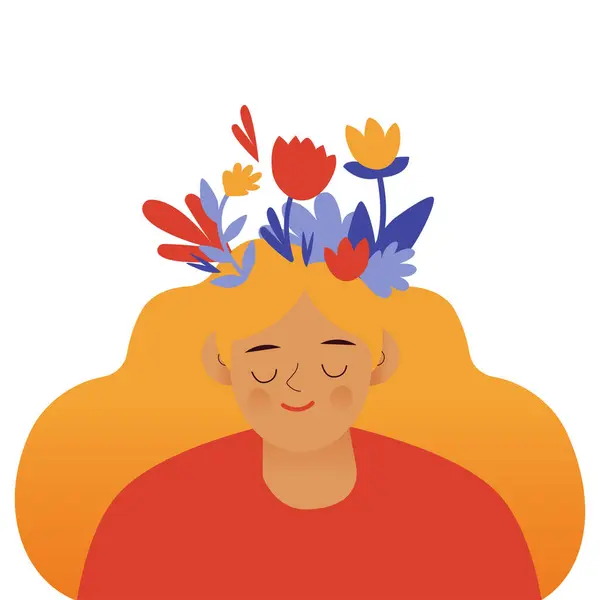 メンタルヘルス 調和創造的な抽象概念 花を持った幸せな女性の頭 マインドフルネス ポジティブ思考 セルフケアのアイデア 現代のベクトルイラスト — ストックベクタ