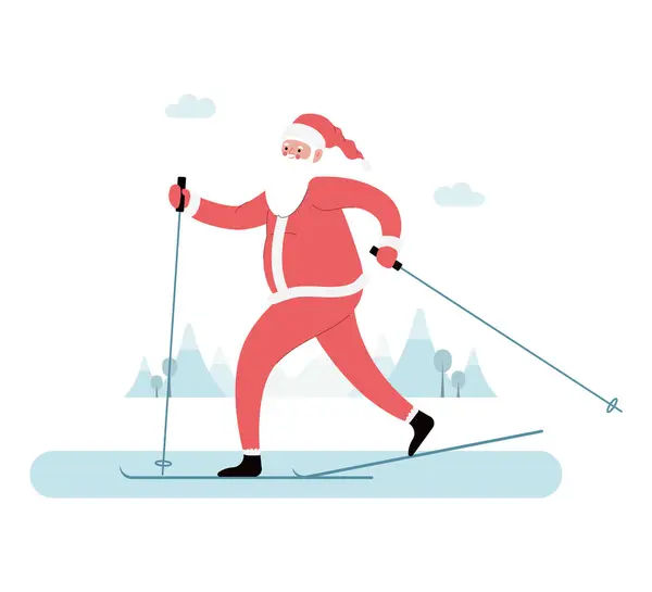 Neşeli Noel Baba Kayağının Modern Düz Vektör Çizimi Kırmızı Kıyafetler — Stok Vektör