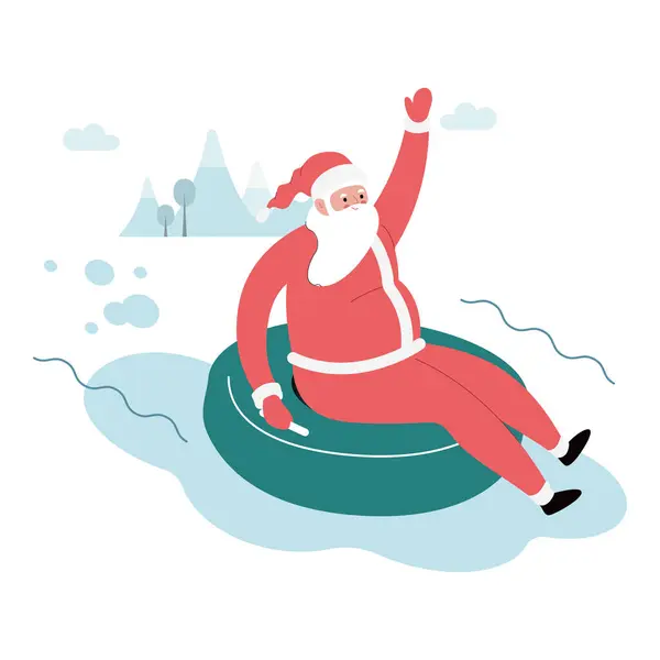 现代平面的圣诞老人形象 雪管上快乐的圣诞老人滑落在倾斜的扶手上 穿着红色衣服 背景下的圣诞节活动 — 图库矢量图片