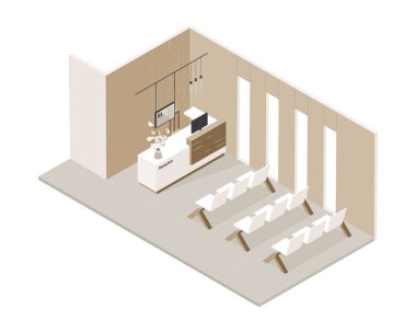 İçi çeşitli mobilyalarla dolu, vektör izometrik düşük polyester minimalist tıbbi klinik. Modern vektör çizimi. Resepsiyon, hastane lobisi, bitişik alan..