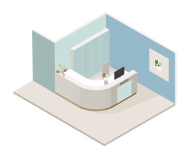 İçi çeşitli mobilyalarla dolu, vektör izometrik düşük polyester minimalist tıbbi klinik. Modern vektör çizimi. Resepsiyon, hastane lobisi..