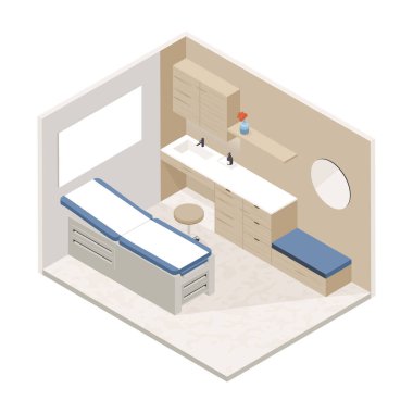 İçi çeşitli mobilyalarla dolu, vektör izometrik düşük polyester minimalist tıbbi klinik. Modern vektör çizimi. Hastane odası. Doktorun ofisi..