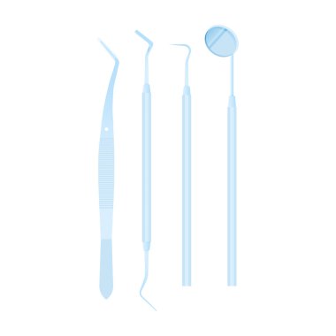 Diş Ağzı Aletleri Ayarlandı. Diş cımbızı, sppatula, kazıcı, kaşif, saplı ağız aynası. Modern Düz Vektör İllüstrasyonu.